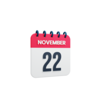 November Realistic Calendar Icon 3D Rendered Date November 22 png