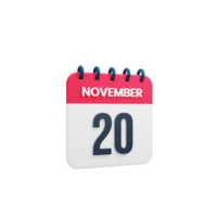 icono de calendario realista de noviembre fecha renderizada en 3d 20 de noviembre png