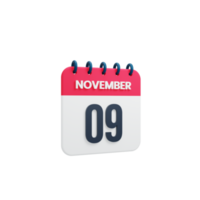 ícone de calendário realista de novembro 3d renderizado data 09 de novembro png