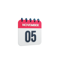 icono de calendario realista de noviembre fecha renderizada en 3d 05 de noviembre png