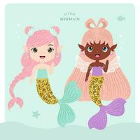 couple of cute glitter mermaid illustration vector