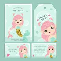 conjunto de invitación de baby shower de sirena brillante vector