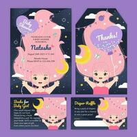 Baby shower invitation set with cute long hair girl
