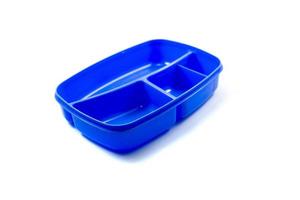 blue plastic lunch box isolated on white background. photo