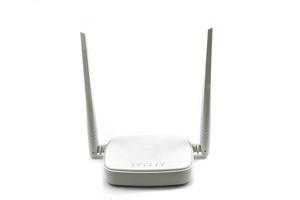 White wireless internet router with two antennas isolated on white photo