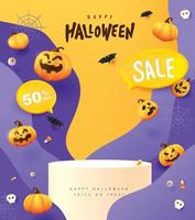 Halloween sale banner background design with product display cylindrical shape and Festive Elements Halloween. vector
