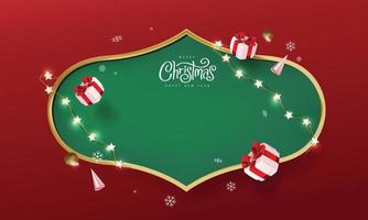 Merry Christmas sign banner frame with empty space and festive decoration on red background vector