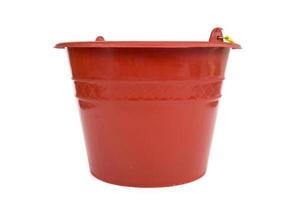 Red plastic bucket with yellow handle isolated on white background. photo