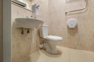 toilet and detail of a corner bidet cabin with wall mount shower attachment photo
