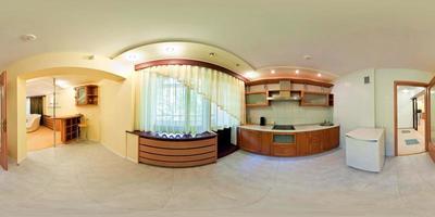 seamless 360 panorama in interior of kitchen of cheap hotel,  flat or apartments with chairs and table in equirectangular projection with zenith and nadir. VR AR content photo