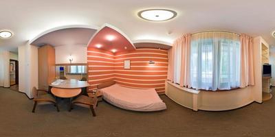 seamless 360 panorama in interior of bedroom of cheap hostel,  flat or apartments with chairs and table in equirectangular projection with zenith and nadir. VR AR content photo