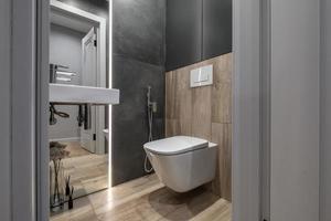 toilet and detail of a corner shower cabin with wall mount shower attachment photo