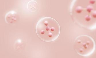 Molecule atoms inside bubbles on pink skin background. Cosmetics skincare or human skin treatment and solution. 3d illustration rendering photo