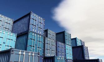 Stack of blue container boxes with sky background. Cargo freight shipping for import and export logistics. Business and transportation concept. 3D illustration rendering photo