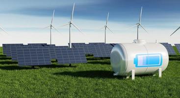 Battery charger solar energy power plant farm. Ecology technology and power savings concept. Alternative energy theme. 3D illustration rendering photo