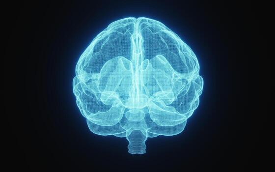 Glowing X-ray image of human brain in blue wireframe on isolated black background. Science and medical concept. In front of brain. 3D illustration rendering photo