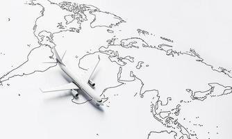 Plane flies above white paper map of the world travel background. Travel and wanderlust concept. 3D illustration rendering photo