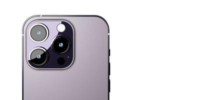 Back view of realistic new smartphone mockup with camera in purple color for product advertising UI and UX infographic presentation interface design. Technology concept. 3D illustration rendering photo