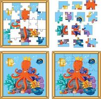 Octopus underwater photo puzzle game template vector