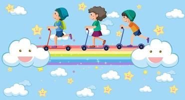 niños felices en el cielo con arco iris vector