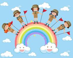 Happy kids in in the sky with rainbow vector