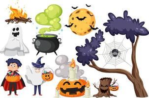 conjunto de elementos y personajes de dibujos animados de halloween vector