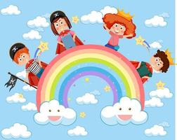 niños felices en el cielo con arco iris vector