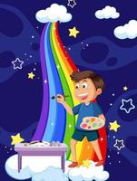 niño pintando arcoiris vector