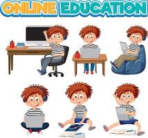 Set of kids using tablet and laptop vector