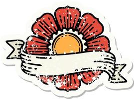 distressed sticker tattoo in traditional style of a flower and banner vector