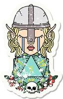 grunge sticker of a sad elf fighter character with natural one d20 roll vector