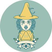 Retro Tattoo Style human witch with natural twenty dice roll vector