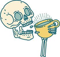iconic tattoo style image of a skull drinking coffee vector