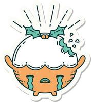 sticker of a tattoo style christmas pudding character crying vector