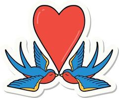 sticker of tattoo in traditional style of swallows and a heart vector