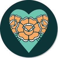 pegatina de tatuaje al estilo tradicional de un corazón y flores vector