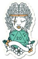 sticker of a elf barbarian character face with natural twenty dice roll vector