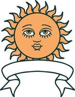 traditional tattoo with banner of a sun with face vector