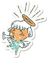 worn old sticker of a tattoo style angel blowing trumpet vector