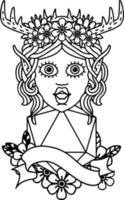 Black and White Tattoo linework Style elf druid with natural twenty dice roll vector