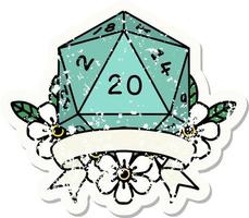 grunge sticker of a natural 20 critical hit D20 dice roll vector