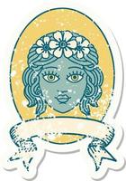 worn old sticker with banner of a maiden with crown of flowers vector