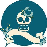 icono de estilo tatuaje con pancarta de calavera y rosa vector