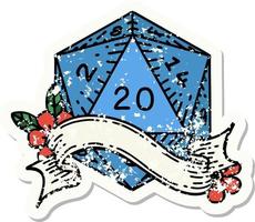 grunge sticker of a natural twenty D20 dice roll vector