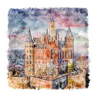 castillo de hohenzollern alemania acuarela boceto dibujado a mano ilustración