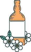 iconic tattoo style image of a rum bottle and flowers vector