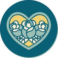 sticker of tattoo in traditional style of a heart and flowers vector