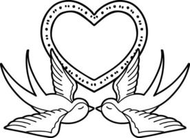 tatuaje en estilo de línea negra de golondrinas y un corazón vector
