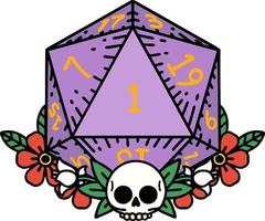 Retro Tattoo Style natural one dice roll with floral elements vector