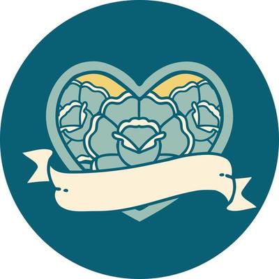 iconic tattoo style image of a heart and banner with flowers